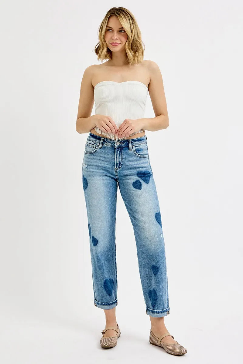 RISEN Full Size Mid Rise Fit-boyfriend Heart Shade Jeans Plus Size - Tigbul's Variety Fashion Shop