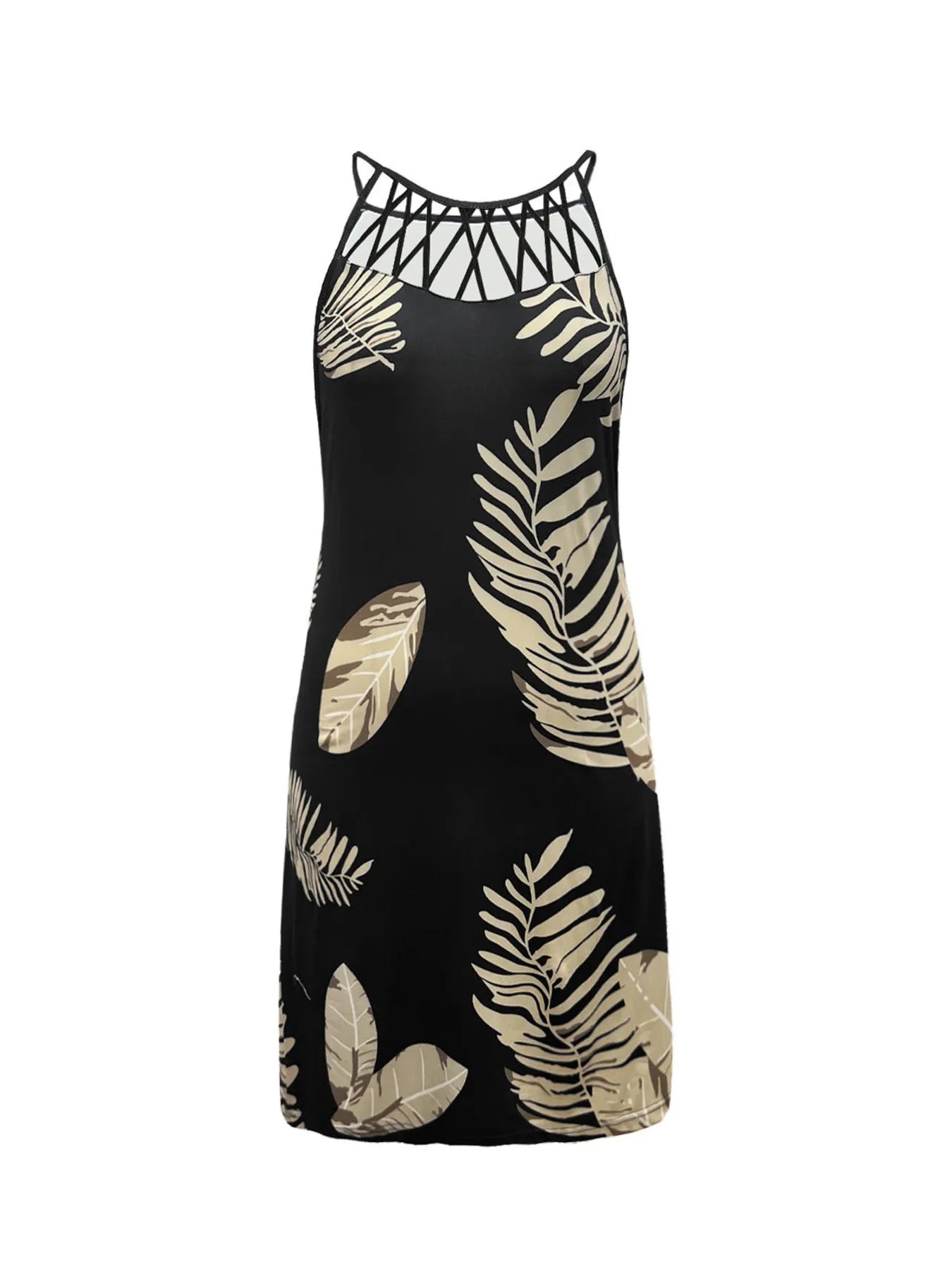 Tropical Leaf Print Halter Neck Mini Dress with Cutout Detail - Tigbul's Variety Fashion Shop
