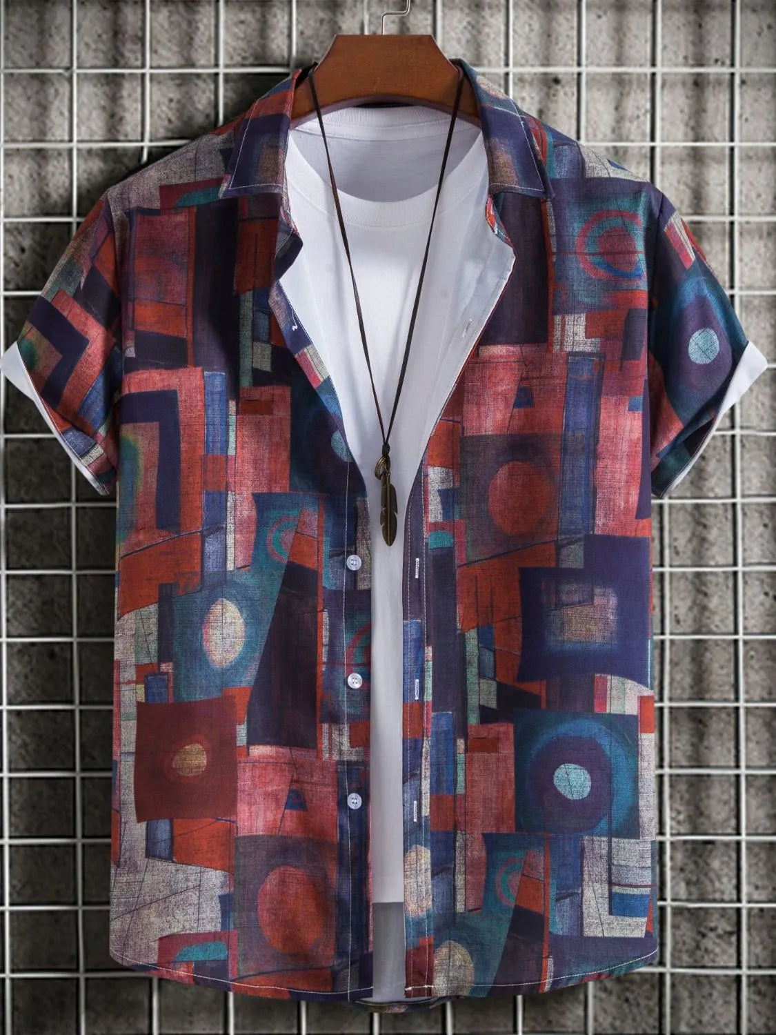Men's Geometric Short Sleeve Button Down Shirt - Tigbul's Variety Fashion Shop
