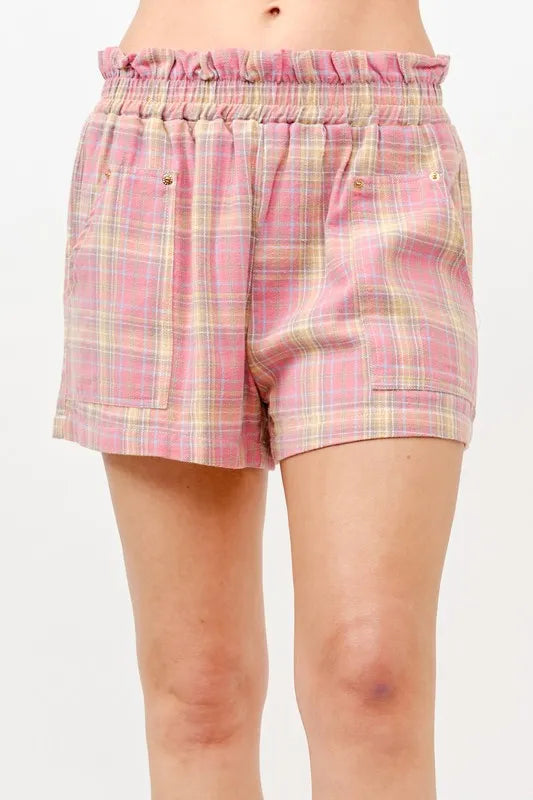 Pink Plaid Print Smocked Detail Casual Shorts - Tigbul's Variety Fashion Shop