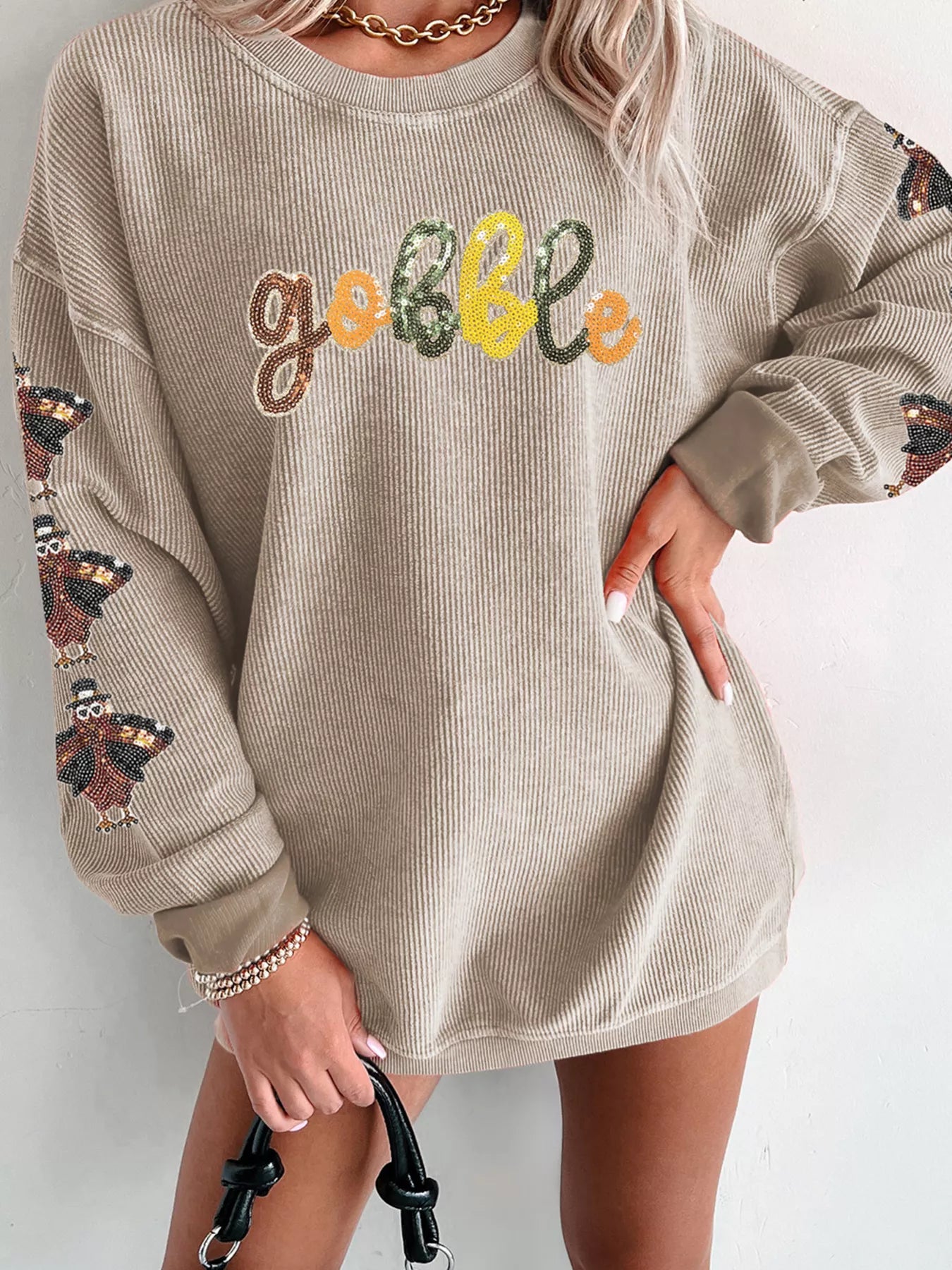 Gobble Corded Ribbed Thanksgiving Turkey Sequin Patched Sleeve Sweatshirt - Tigbul's Variety Fashion Shop