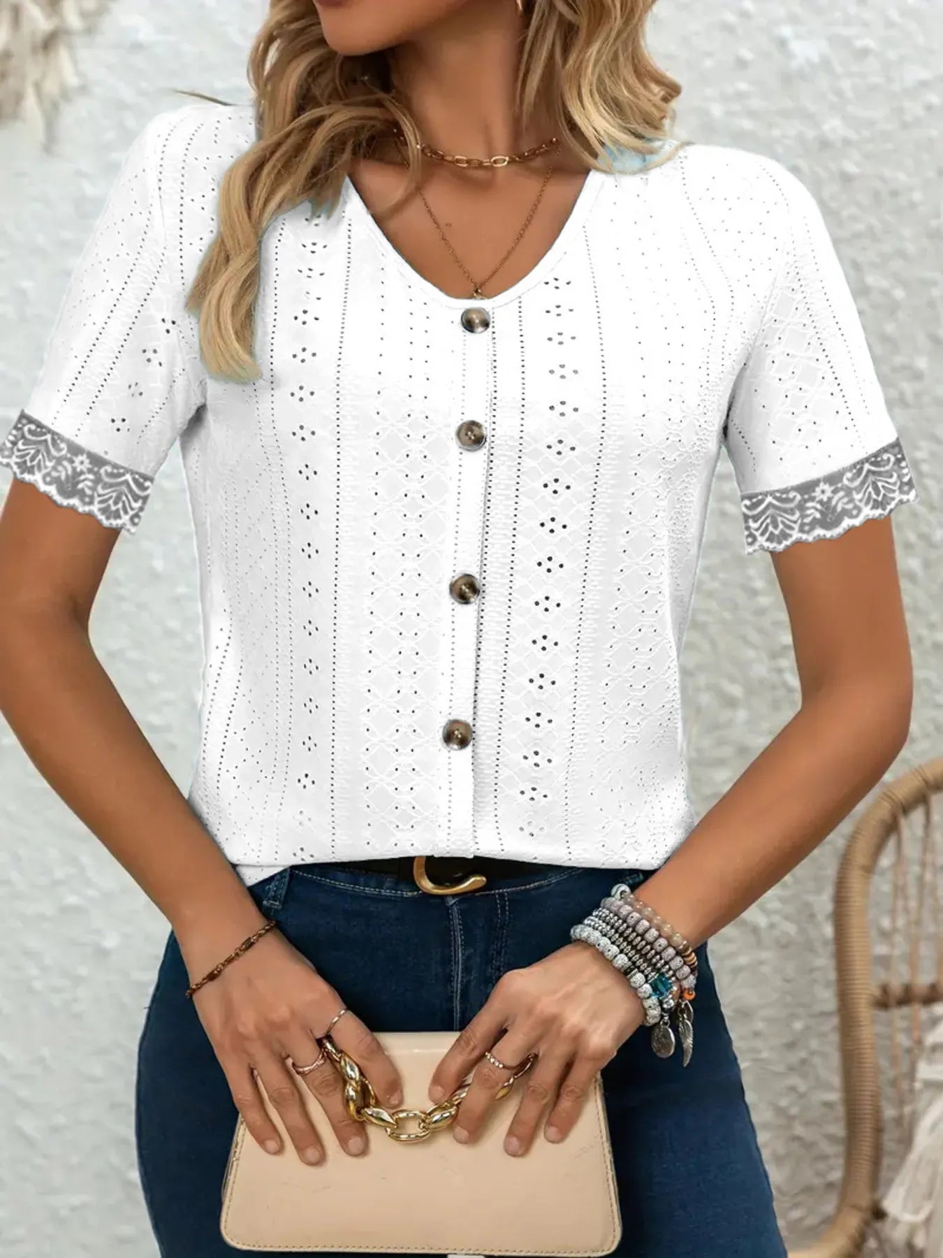 Eyelet Lace Trim Short Sleeve Blouse - Tigbul's Variety Fashion Shop