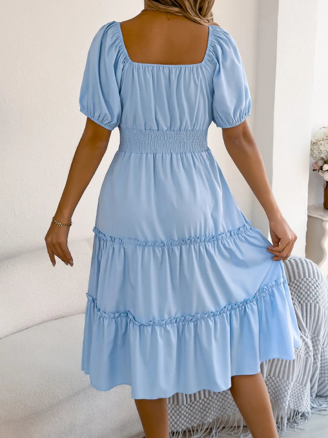 Square Neck Short Puff Sleeve Dress - Tigbul's Variety Fashion Shop
