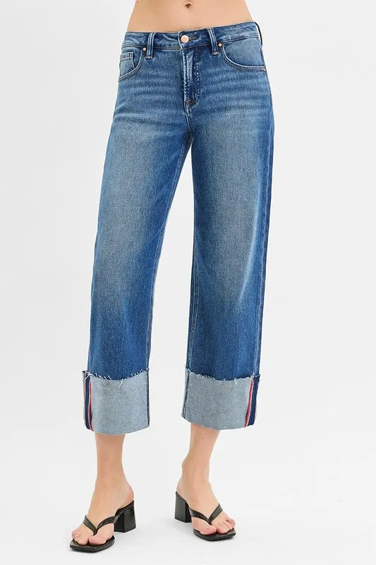 RISEN Tummy Control Mid Rise Crop Wide Cuffed Jeans - Tigbul's Variety Fashion Shop