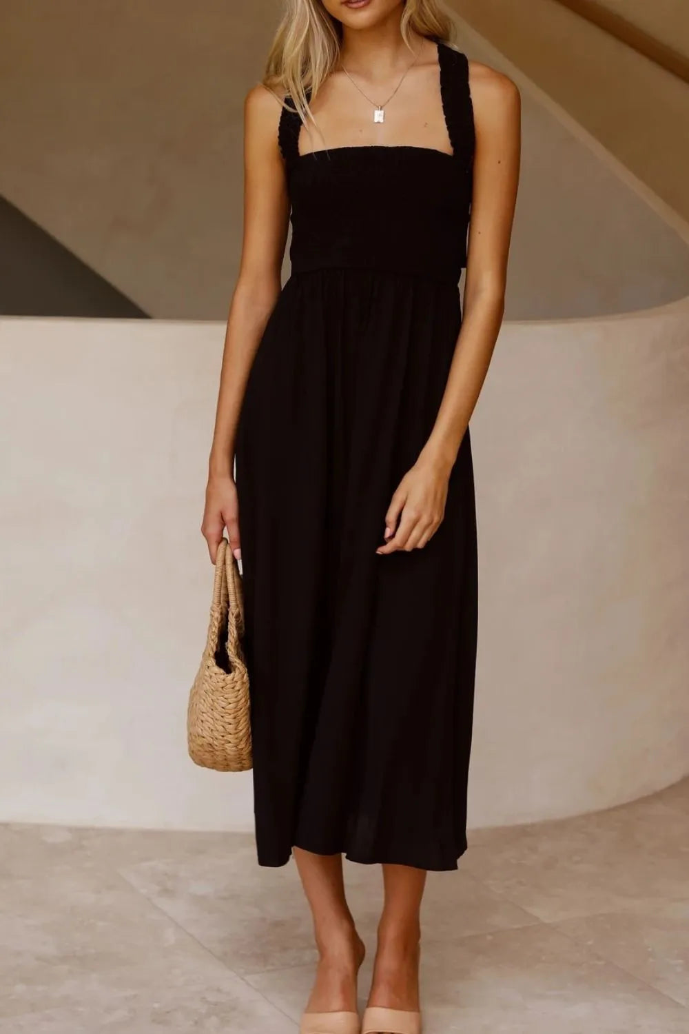Crisscross Smocked Wide Strap Dress - Tigbul's Variety Fashion Shop
