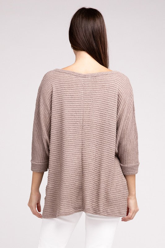 3/4 Sleeve V-Neck Hi-Low Hem Jacquard Sweater - Tigbul's Variety Fashion Shop