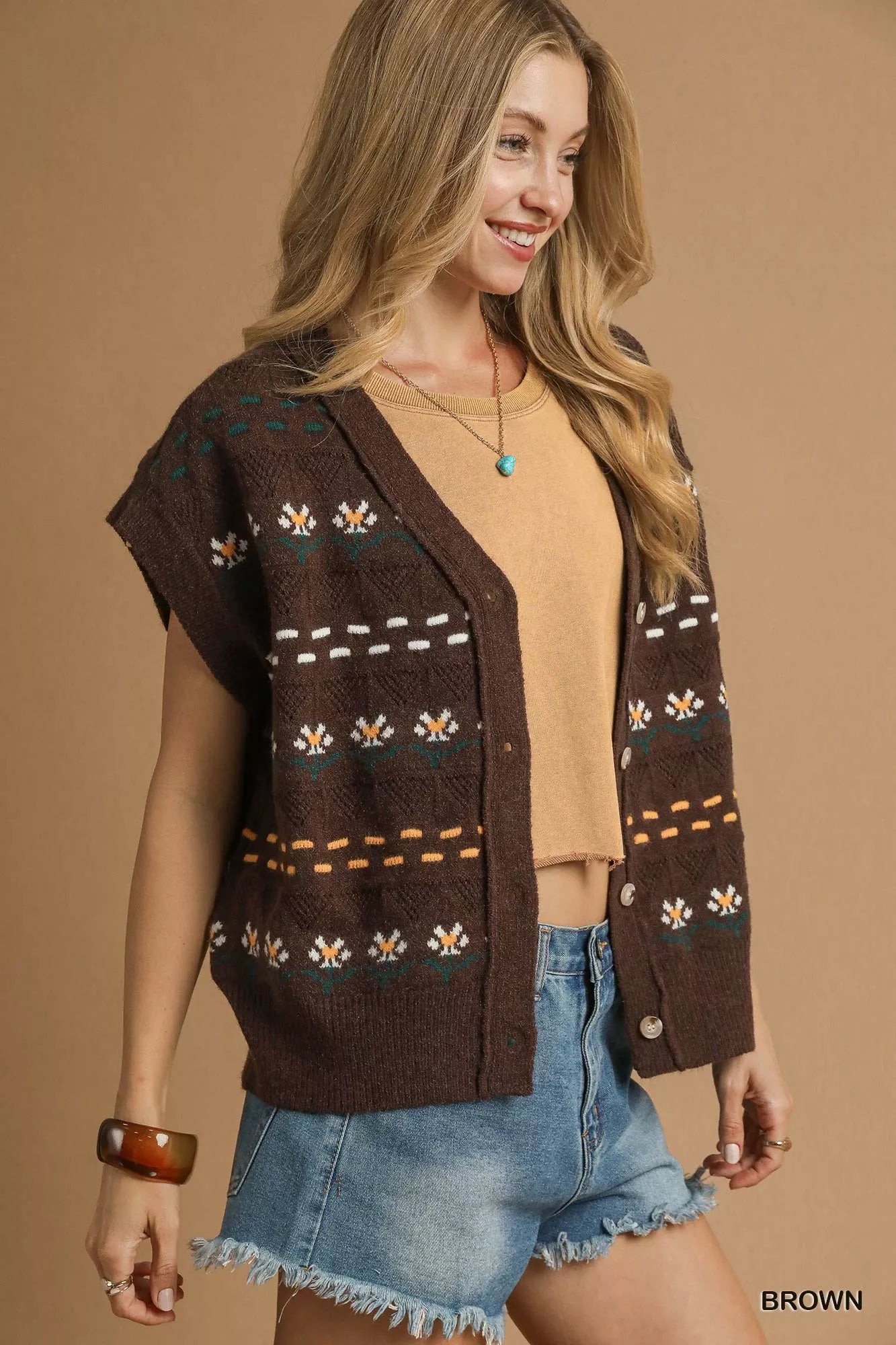 Umgee Button-Down Knit Vest with Floral Pattern - Tigbul's Variety Fashion Shop