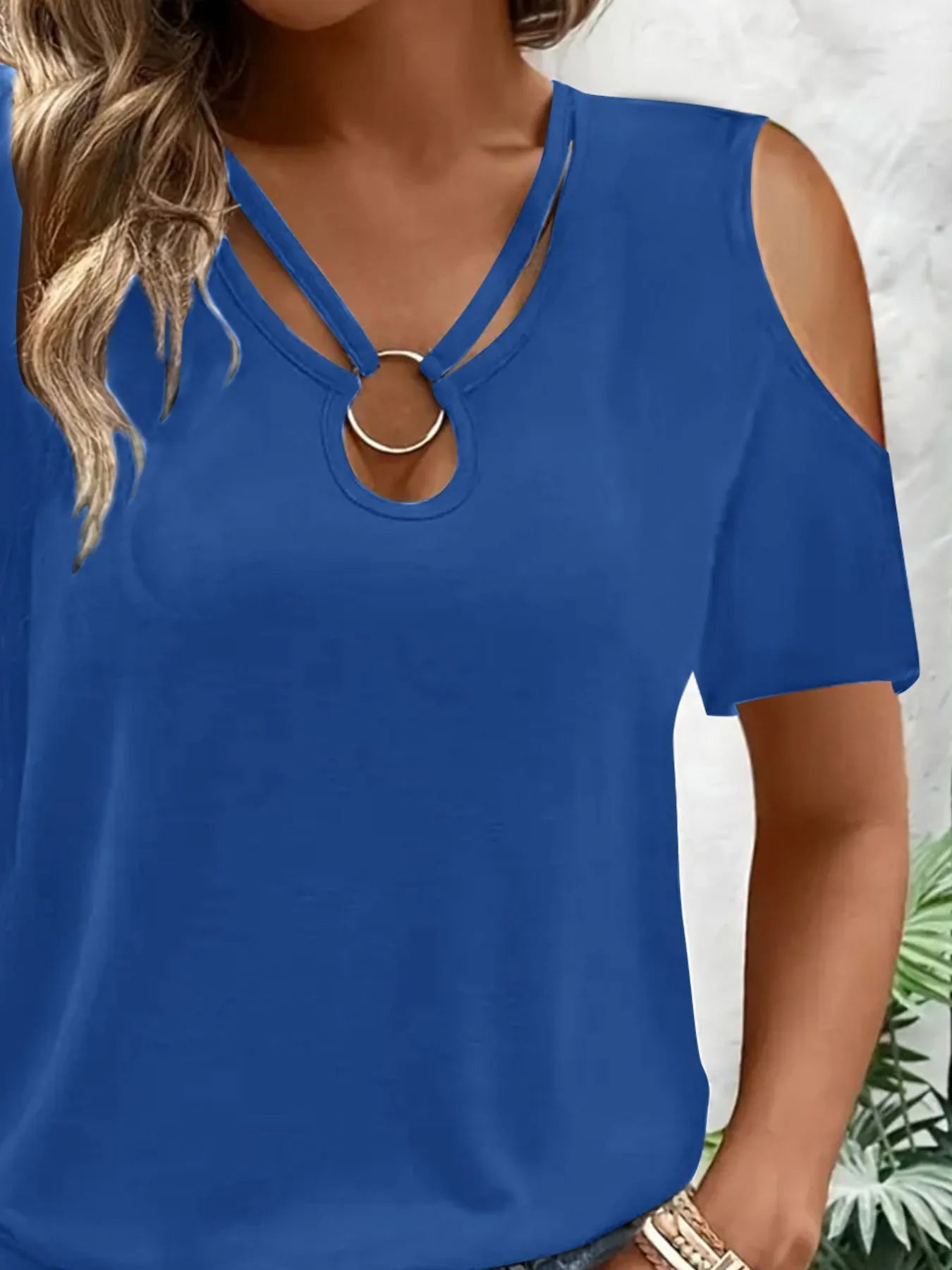 Cold Shoulder T-Shirt with Metal Ring Detail - Tigbul's Variety Fashion Shop