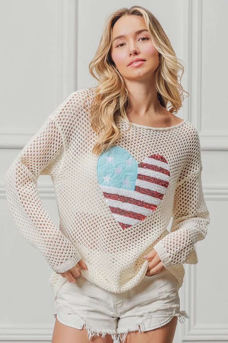 Off White Sequin American Flag Heart Knit Top - Tigbul's Variety Fashion Shop