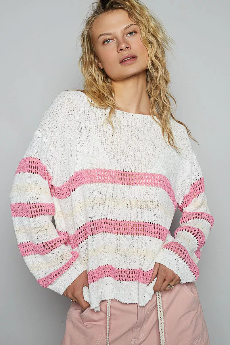 POL Striped Openwork Round Neck Knit Top - Tigbul's Variety Fashion Shop