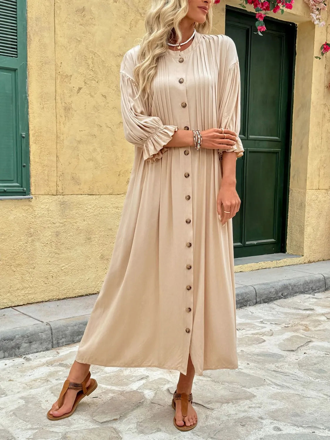 Button Front Flounce Sleeve Tan Dress - Tigbul's Variety Fashion Shop
