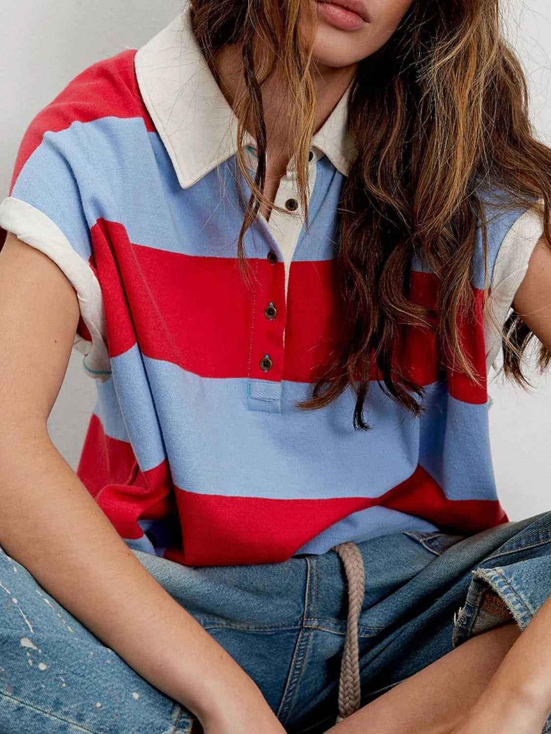 Striped Collared Neck Short Sleeve Top - Tigbul's Variety Fashion Shop