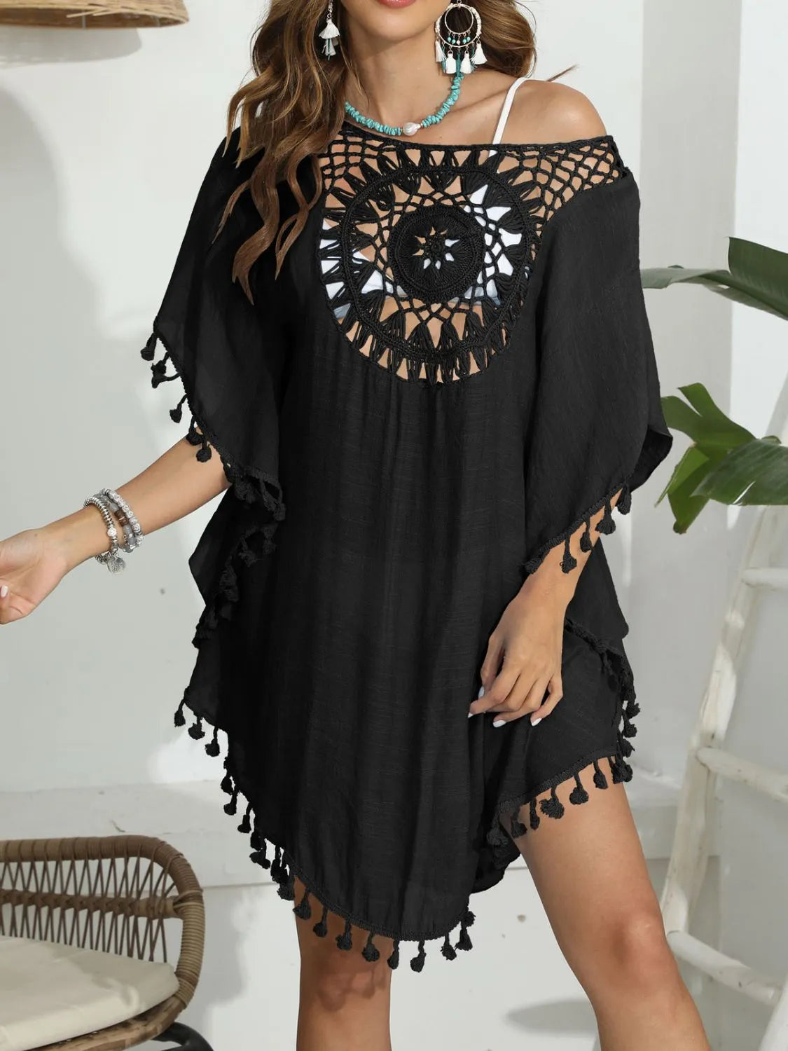 Tassel Crochet Round Neck Cover-Up - Tigbul's Variety Fashion Shop