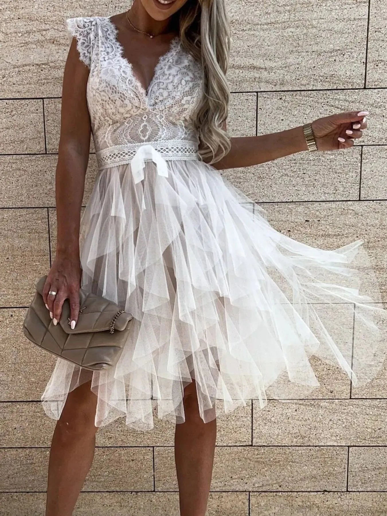 Lace V-Neck Ruffle Dress - Tigbul's Variety Fashion Shop