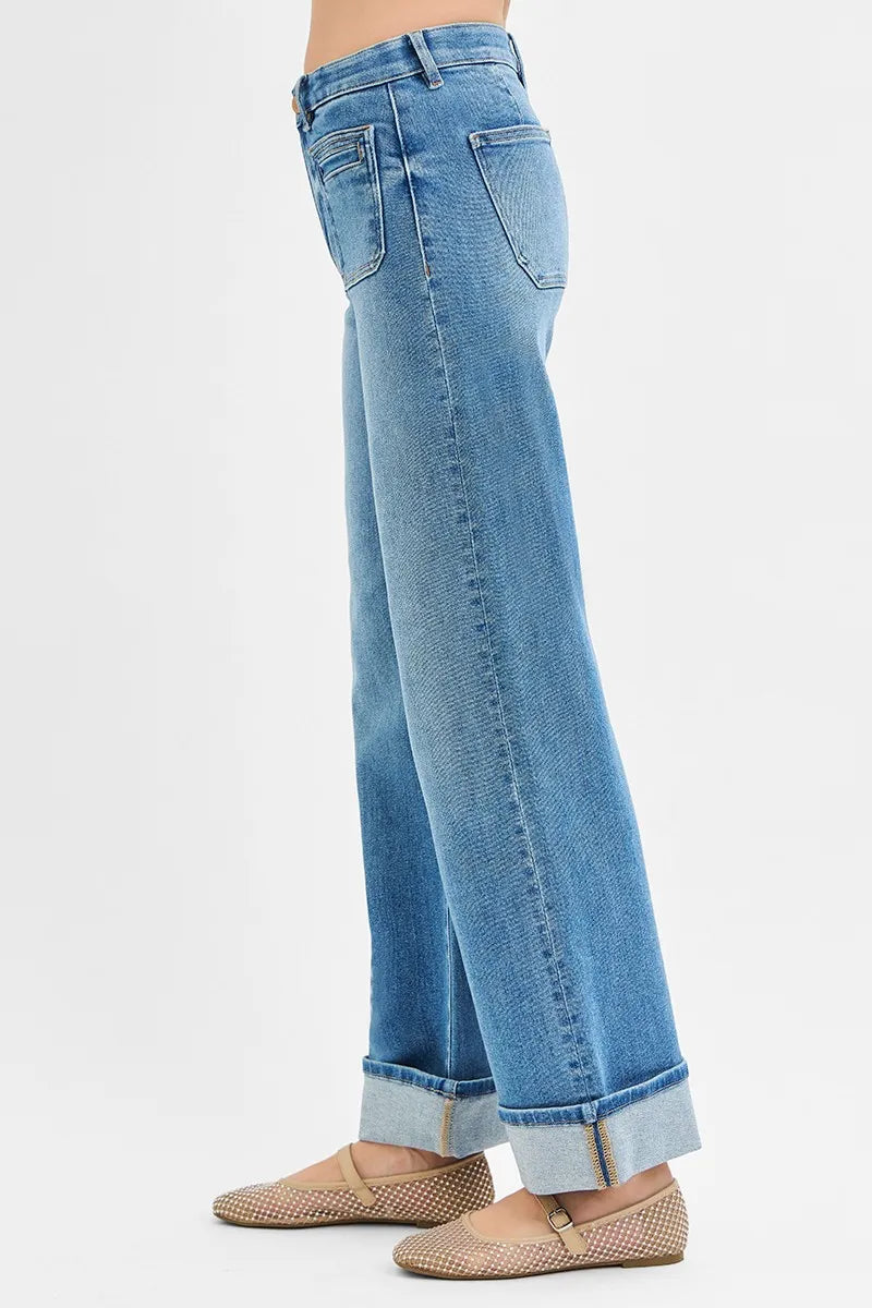 RISEN Elastic Band Mid Rise Wide Front Patch Pocket Cuff Jeans - Tigbul's Variety Fashion Shop