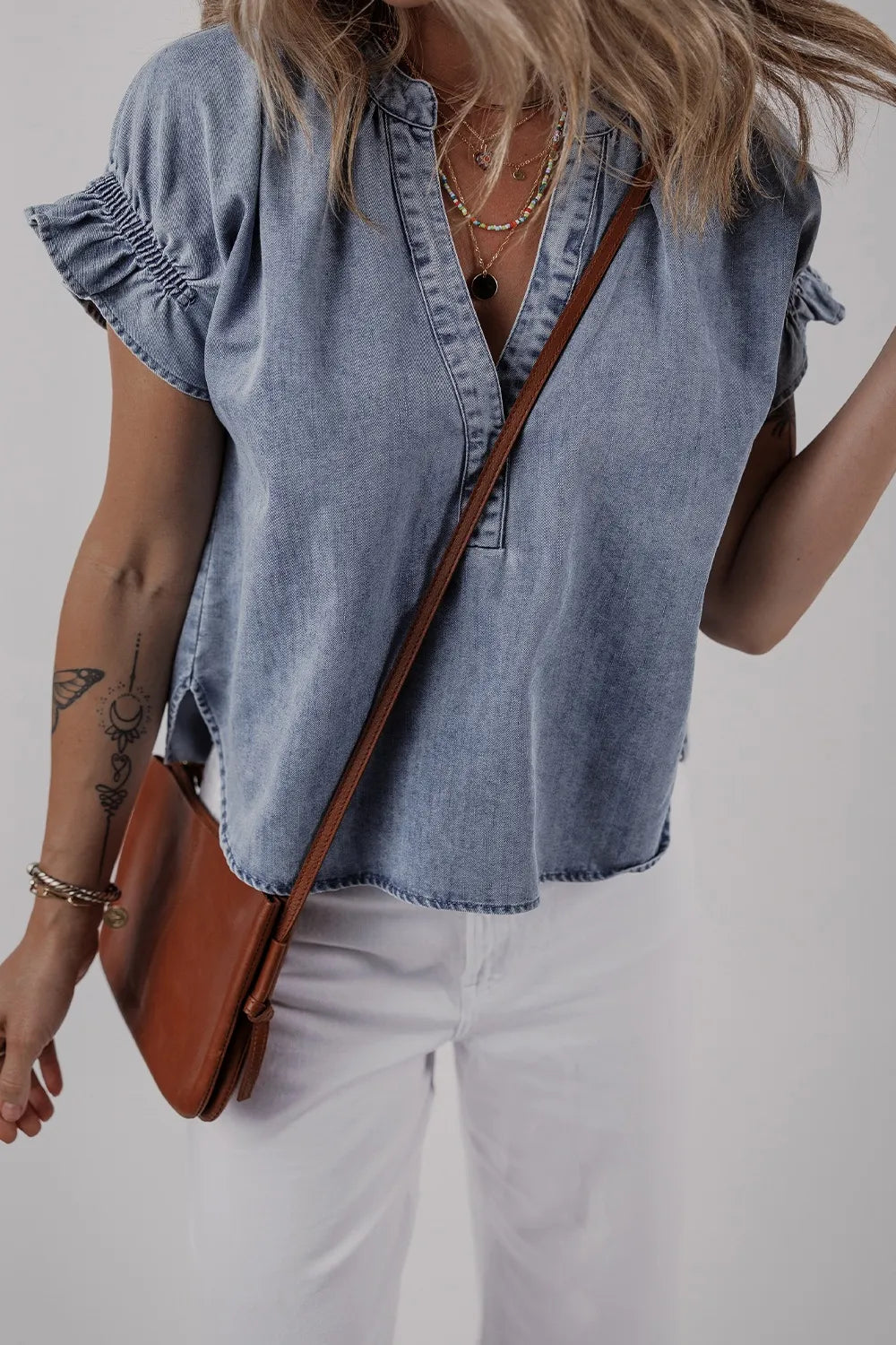 V Neck Ruffled Short Puff Sleeve Denim Top - Tigbul's Variety Fashion Shop