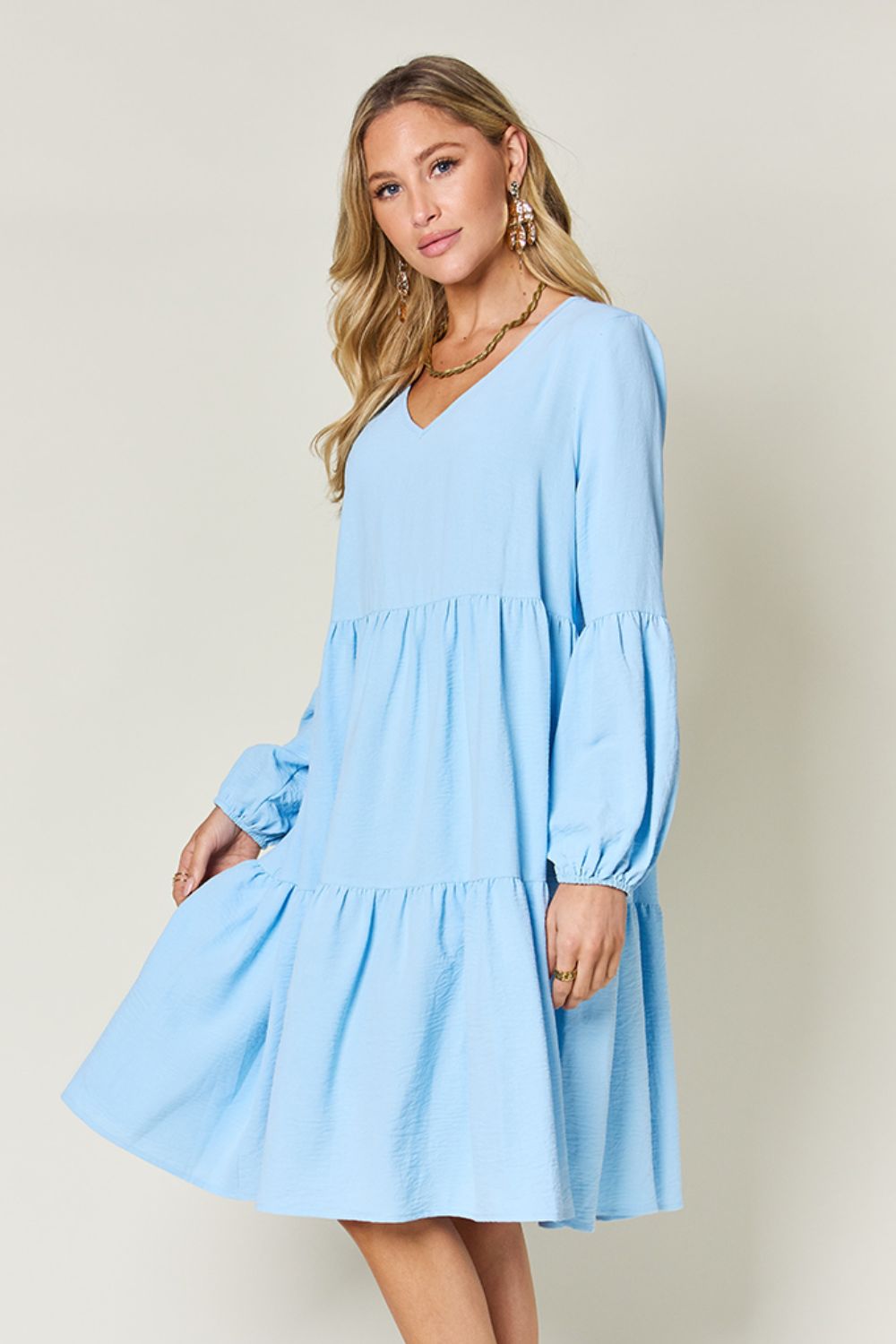 V-Neck Balloon Sleeve Tiered Dress with Pockets - Tigbul's Variety Fashion Shop