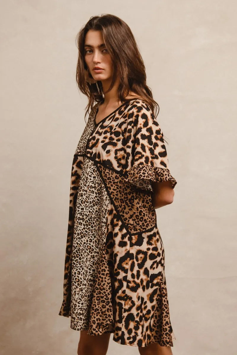 BiBi Leopard Prints Mix and Match Short Sleeves Dress - Tigbul's Variety Fashion Shop
