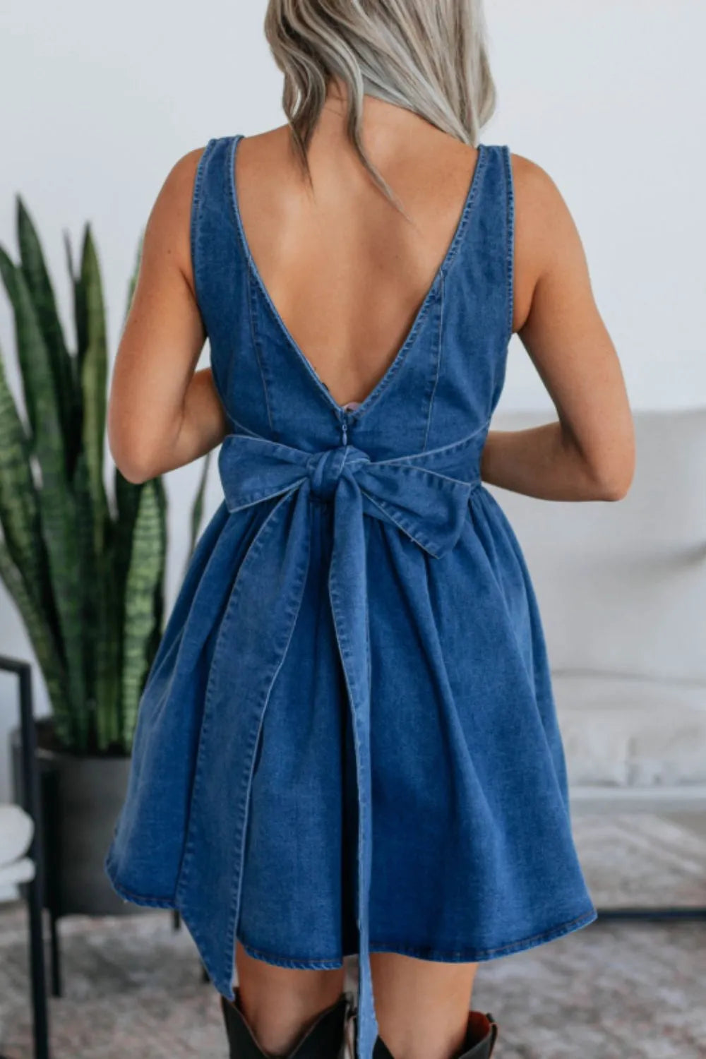 V-Back Bow Tie Denim Skater Dress - Tigbul's Variety Fashion Shop
