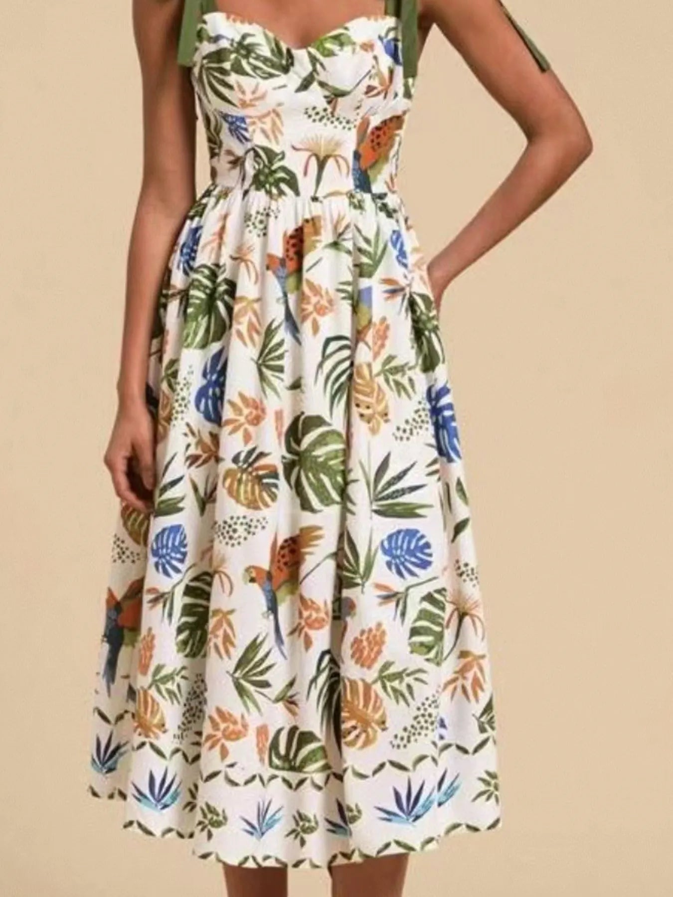 Tropical Print Tie-Shoulder Sweetheart Neck Midi Dress - Tigbul's Variety Fashion Shop