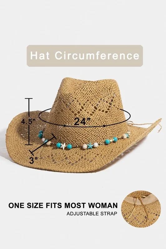 Fame Turquoise and Shell Star Beads Strap Western Straw Hat - Tigbul's Variety Fashion Shop