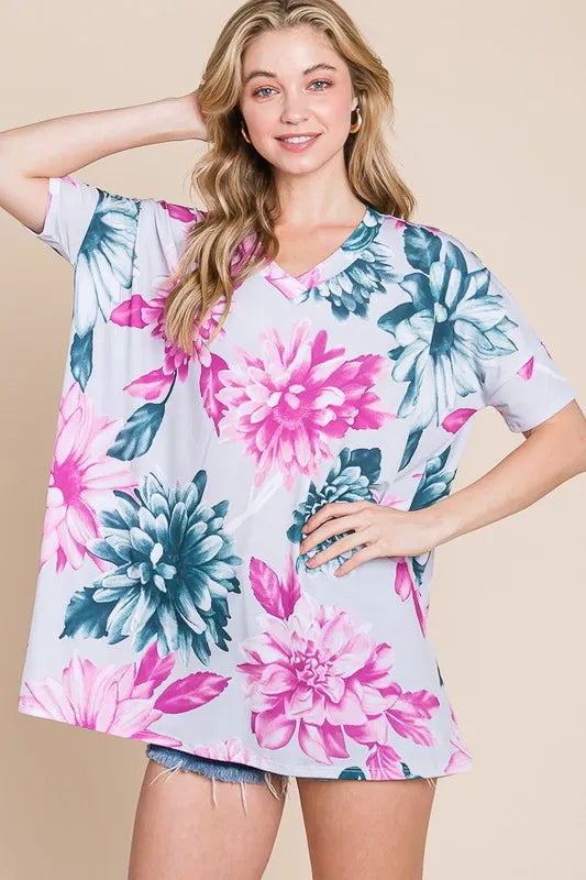Floral V-Neck Short Sleeve T-Shirt - Tigbul's Variety Fashion Shop