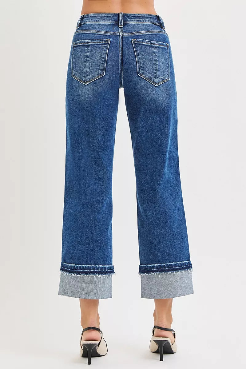 RISEN Mid Rise Ankle Straight Jeans with Cuffed Hem - Tigbul's Variety Fashion Shop