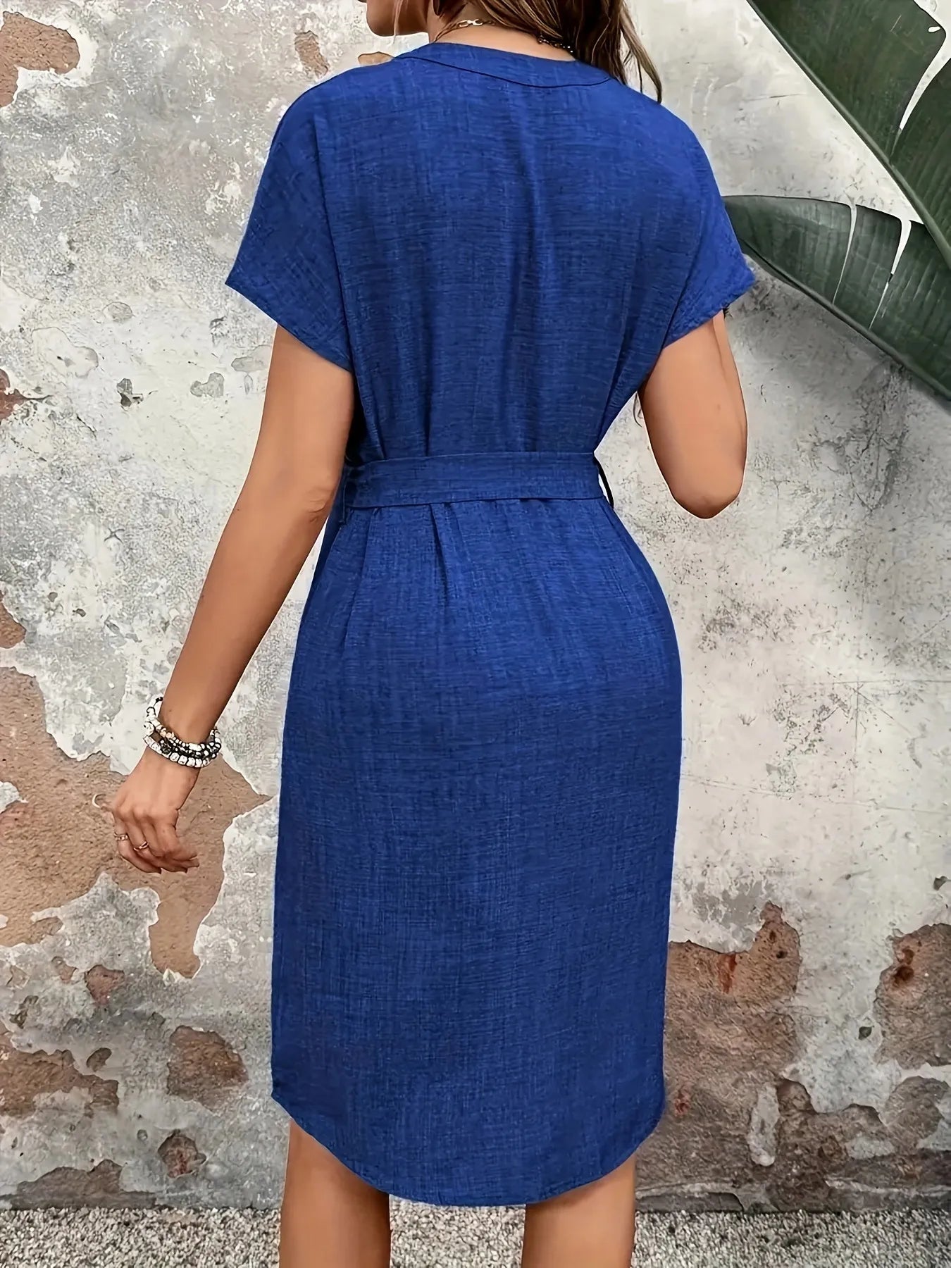 Casual Textured Notched Tie-Waist Dress - Tigbul's Variety Fashion Shop