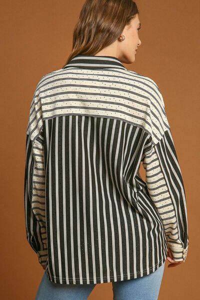 Black Pointelle Stripped Half Button Collared Neck Top - Tigbul's Variety Fashion Shop