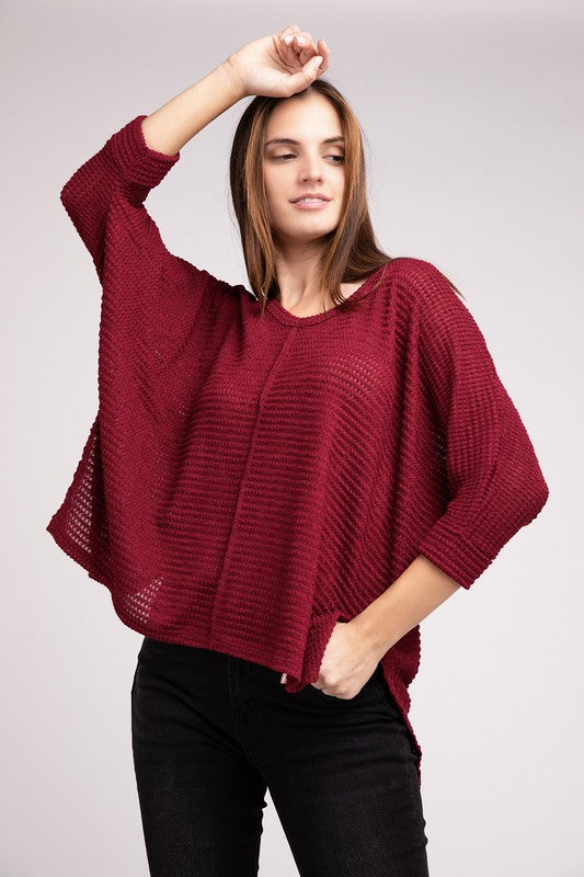 3/4 Sleeve V-Neck Hi-Low Hem Jacquard Sweater - Tigbul's Variety Fashion Shop