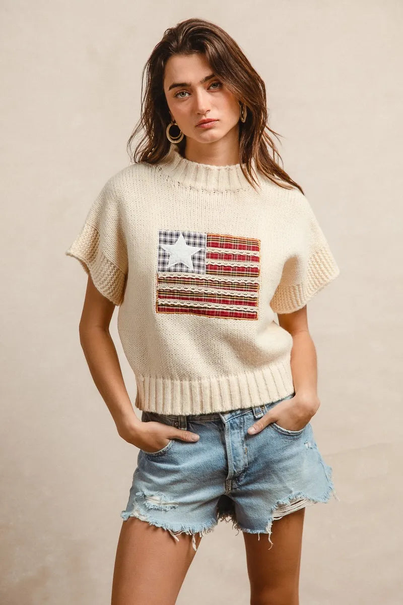 BiBi American Flag Patchwork Drop Shoulder Sweater - Tigbul's Variety Fashion Shop