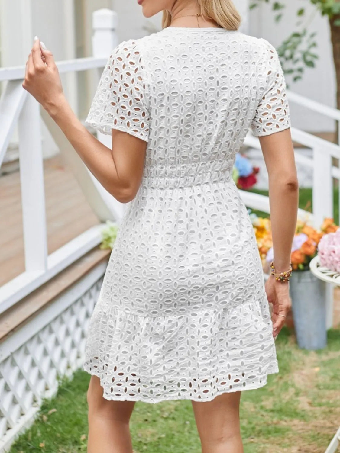 Eyelet Notched Short Sleeve Dress - Tigbul's Variety Fashion Shop