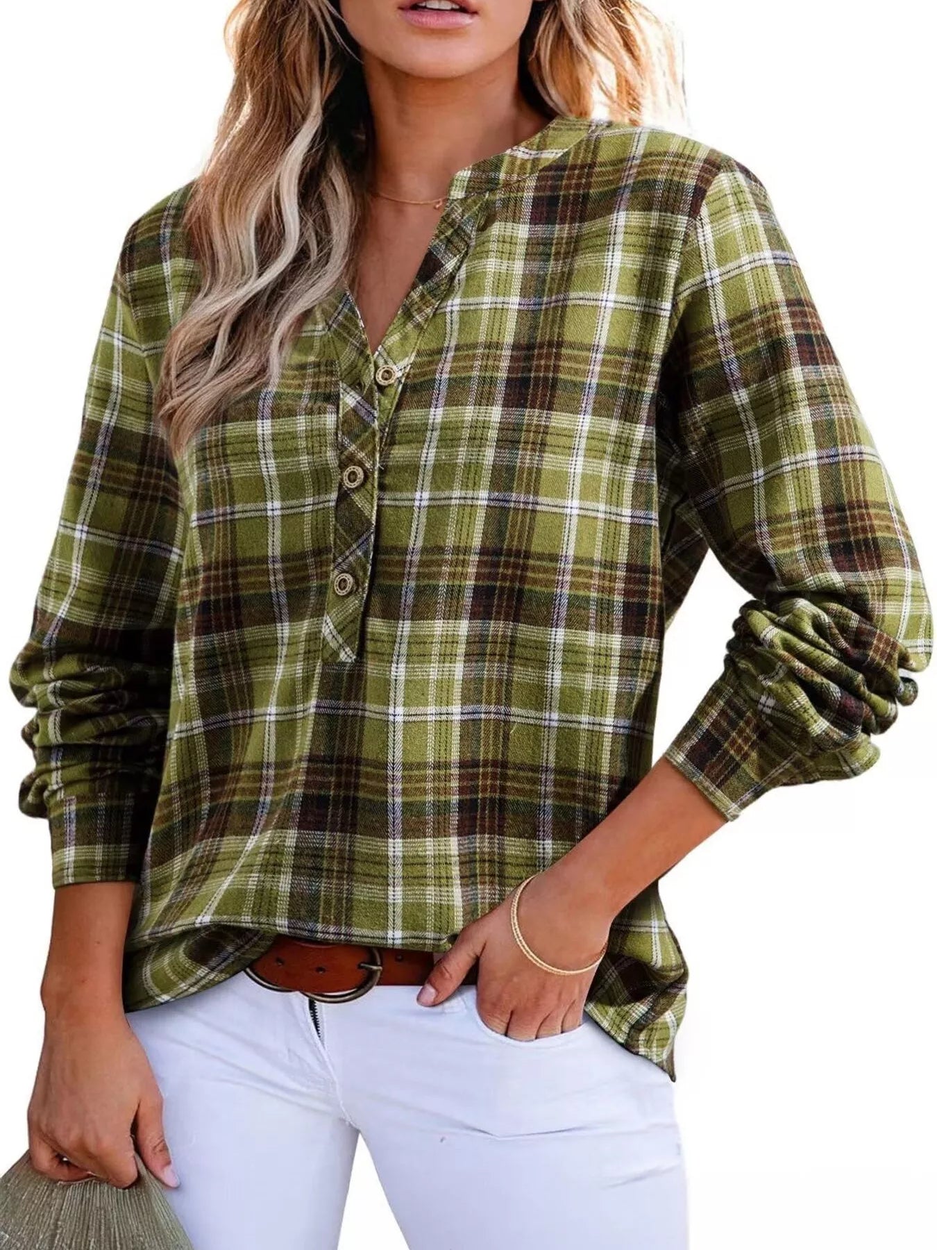 Plaid Half Button Long Sleeve Blouse - Tigbul's Variety Fashion Shop