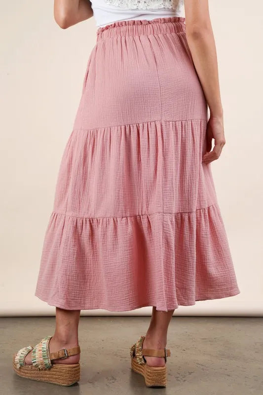 Pink Elastic Waist Tiered Maxi Skirt - Tigbul's Variety Fashion Shop