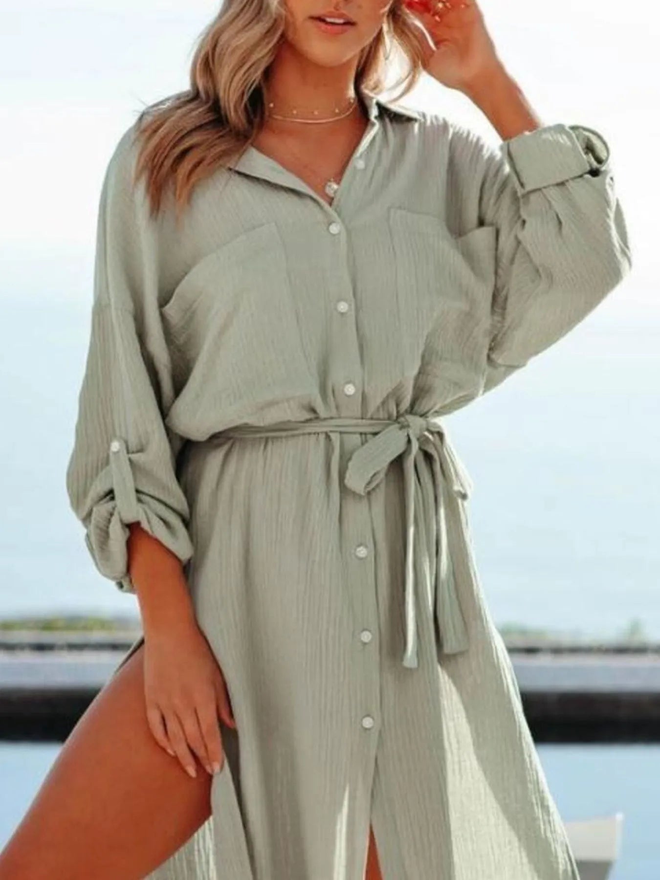 Button Down Tie Waist Shirt Dress - Tigbul's Variety Fashion Shop
