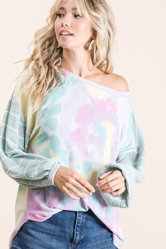 BiBi Tie Dye Terry Top with Wide Stripe Thermal Waffle - Tigbul's Variety Fashion Shop
