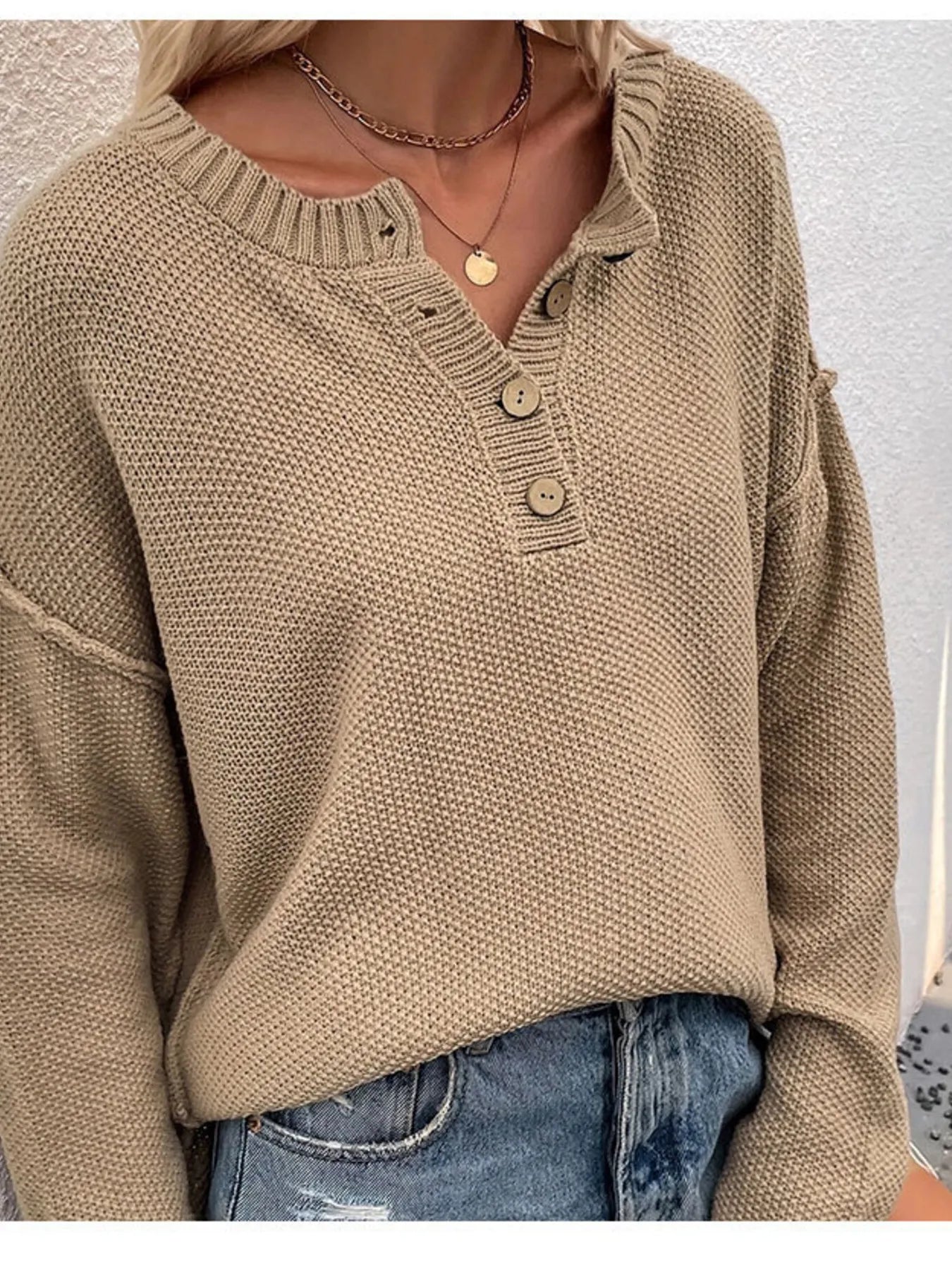 Button Detail Long Sleeve Knit Top - Tigbul's Variety Fashion Shop