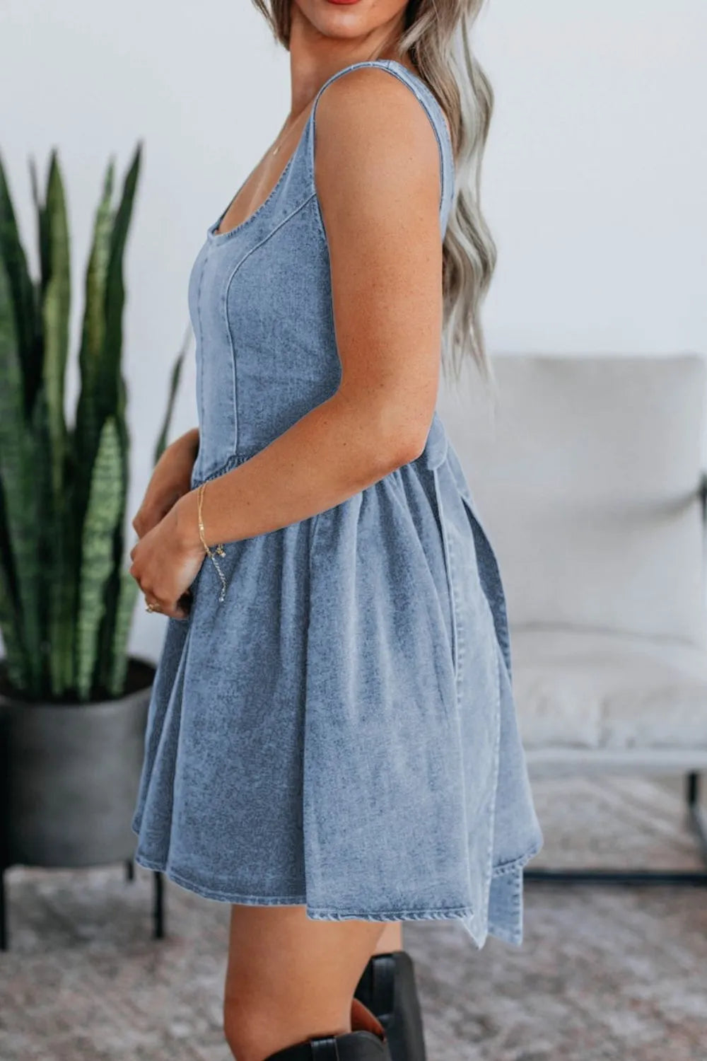 V-Back Bow Tie Denim Skater Dress - Tigbul's Variety Fashion Shop