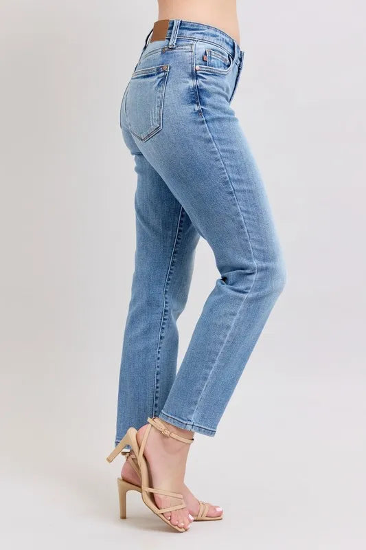 Judy Blue Full Size Mid Rise Vintage Wash Slim Jeans with Cell Phone Pocket Plus Size - Tigbul's Variety Fashion Shop