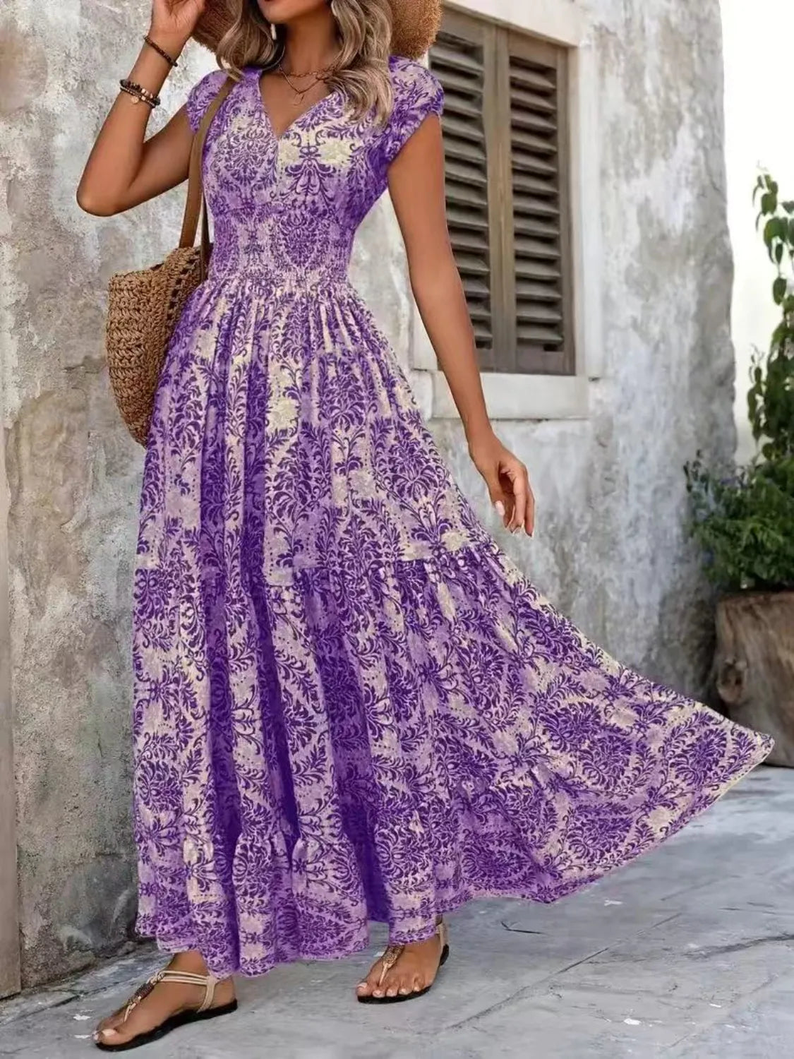 Vintage Floral Cap Sleeve Maxi Dress - Tigbul's Variety Fashion Shop