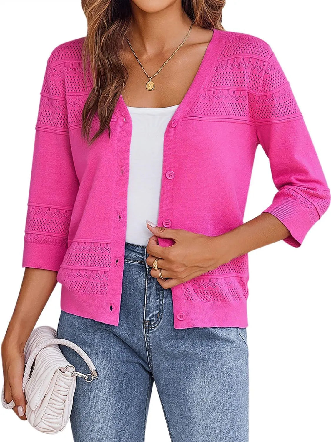Button Up 3/4 Sleeve Cardigan - Tigbul's Variety Fashion Shop