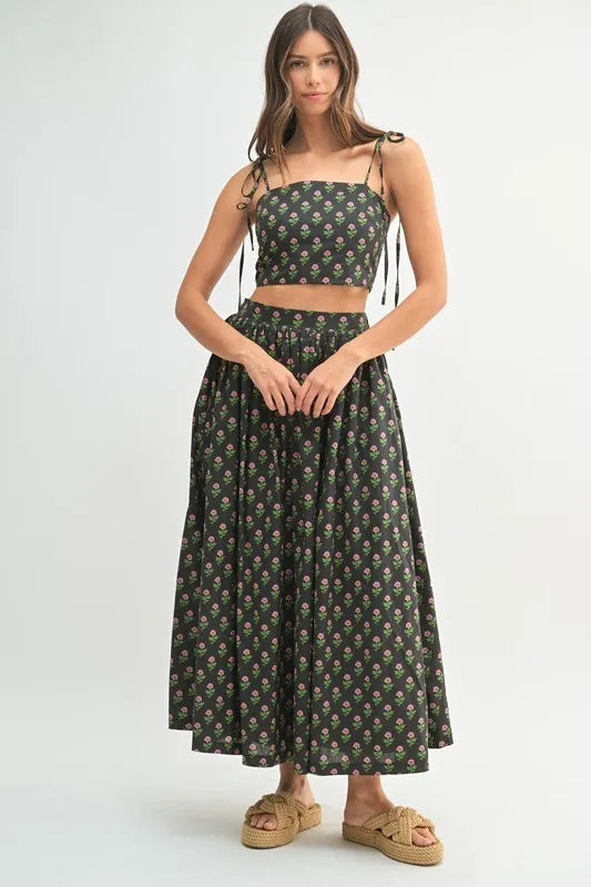 Black Floral Crop Top and Skirt Set - Tigbul's Variety Fashion Shop