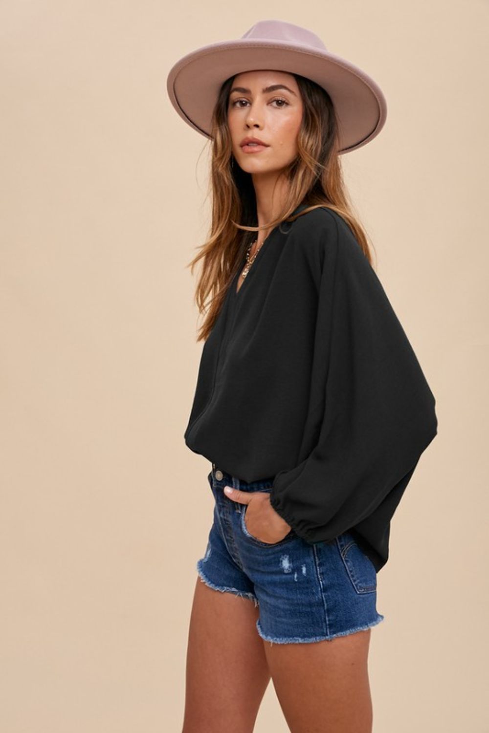 Black Notched Batwing Sleeve Blouse - Tigbul's Variety Fashion Shop