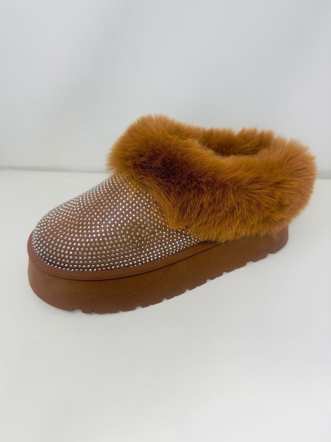 Brown Embellished Faux Fur Platform Booties - Tigbul's Variety Fashion Shop
