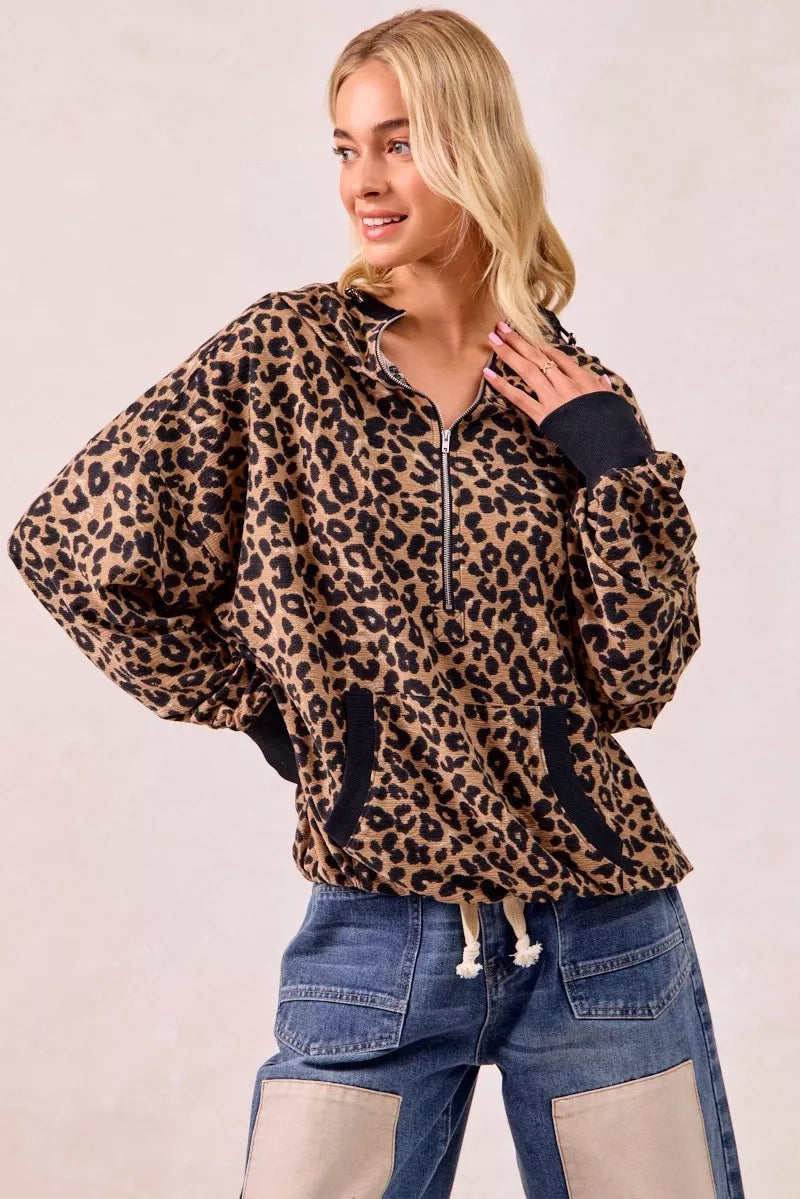 BiBi Leopard Print Waffle Half Zip Up Hoodie W Pocket - Tigbul's Variety Fashion Shop