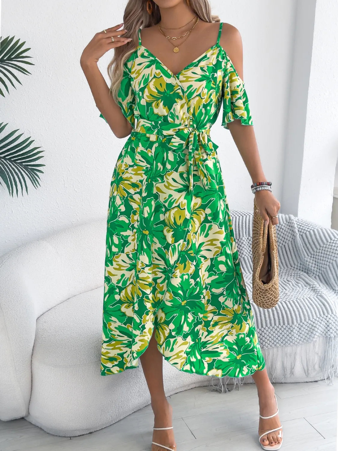 Printed Cold Shoulder Midi Cami Dress - Tigbul's Variety Fashion Shop
