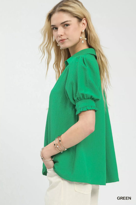 Umgee Seersucker Puff Sleeve Blouse - Tigbul's Variety Fashion Shop
