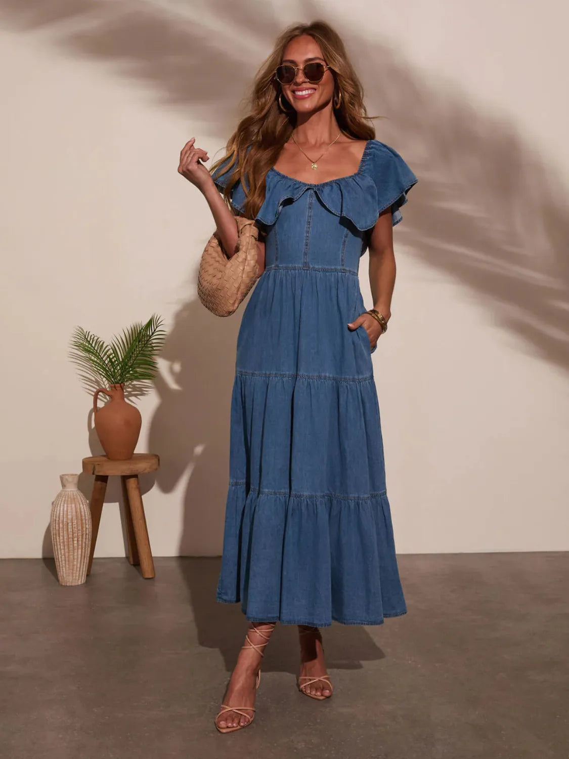 Off Shoulder Ruffle Tiered Denim Dress - Tigbul's Variety Fashion Shop