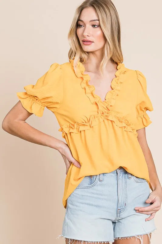 Solid Ruffled Deep V-Neck Puff Sleeve Babydoll Top - Tigbul's Variety Fashion Shop