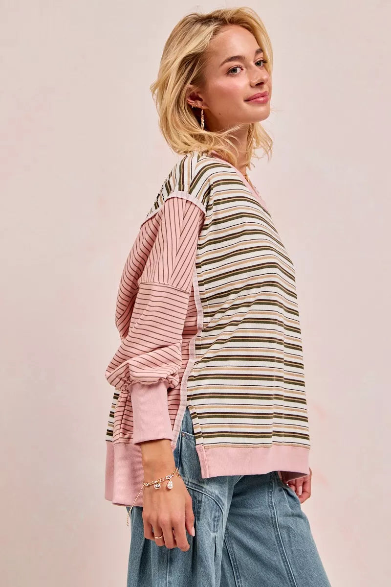 BiBi Stripe Mixed Top With Cut Edge And Reverse Outseam - Tigbul's Variety Fashion Shop